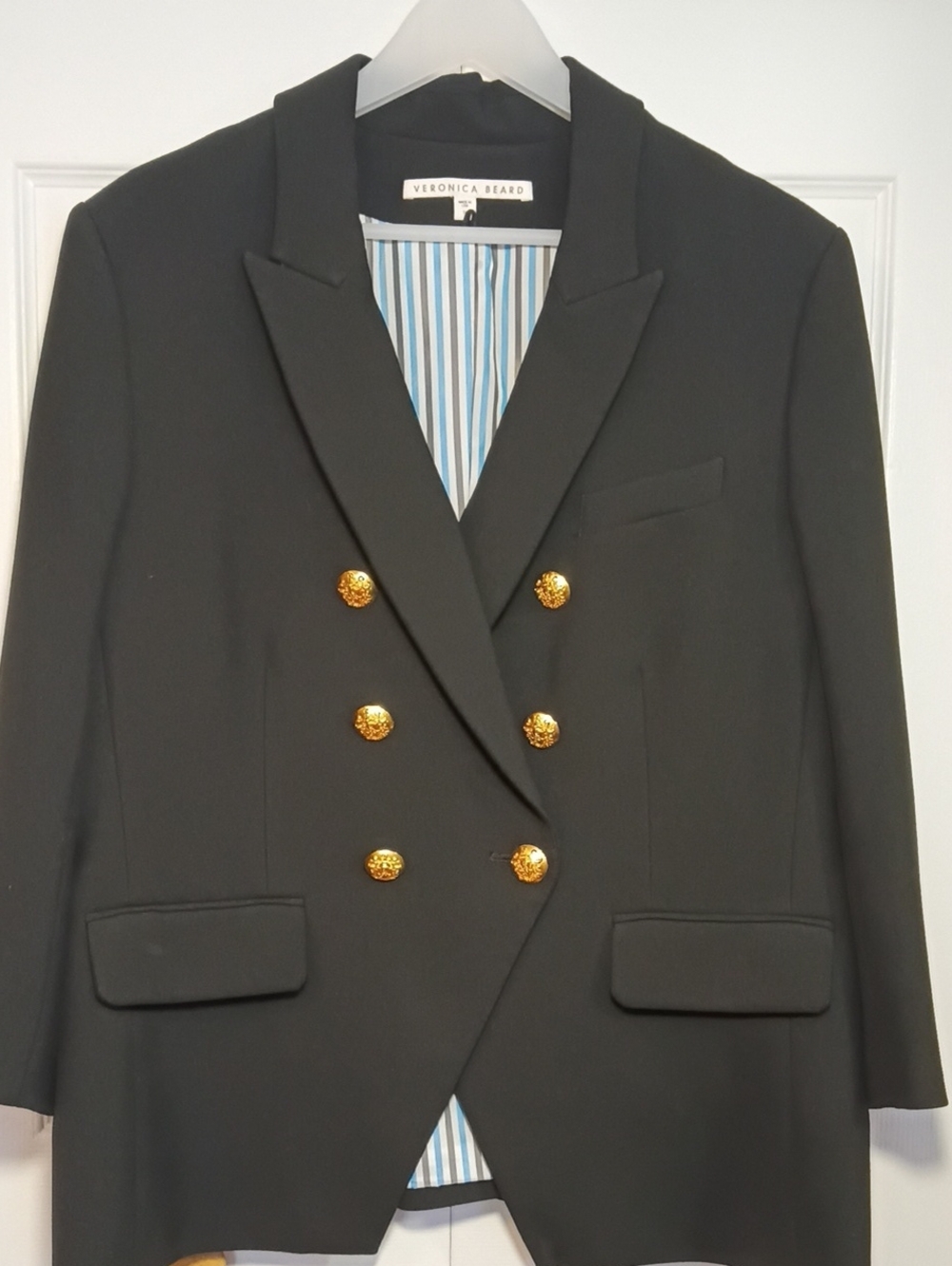 Veronica Beard Black Double-Breasted Dickie Blazer with Gold Buttons. 3/4 Sleeve